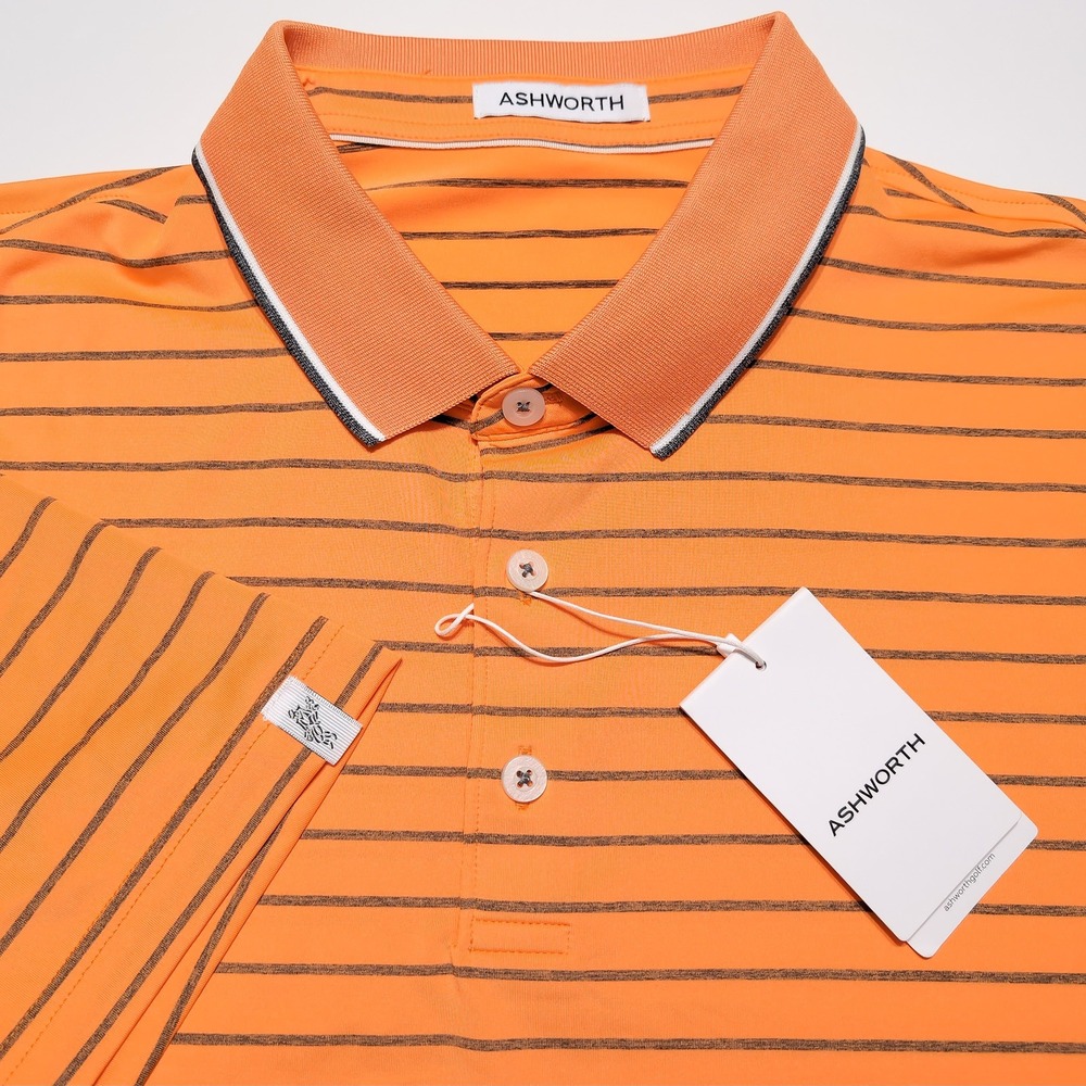 ASHWORTH Polo Shirt Mens L Orange New Striped Short Sleeve Golf Top